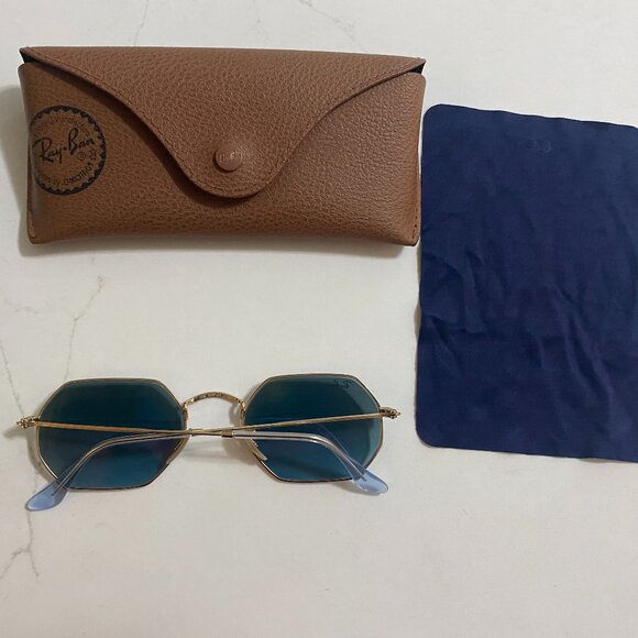 Ray-Ban Blue & Arista Gold Octagonal Classic Sunglasses - Picture 2 of 7